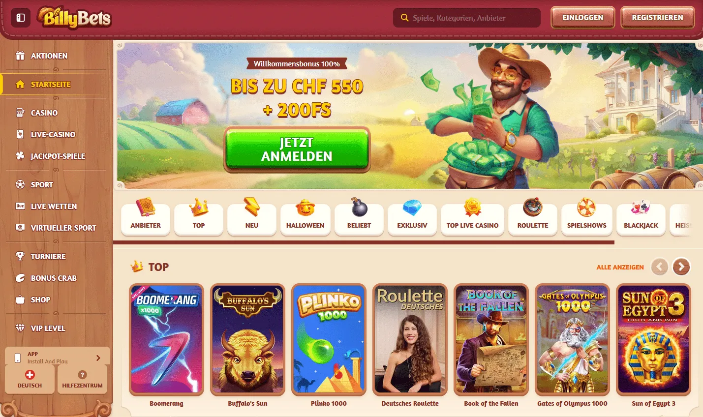 BillyBets Casino Startseite